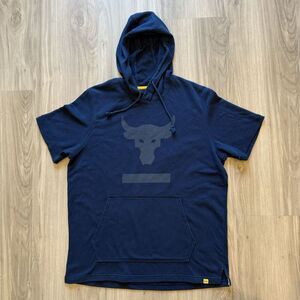 Under Armour Project Rock Men's L Short Sleeve Terry Hoodie Brahma Bull Blue EUC